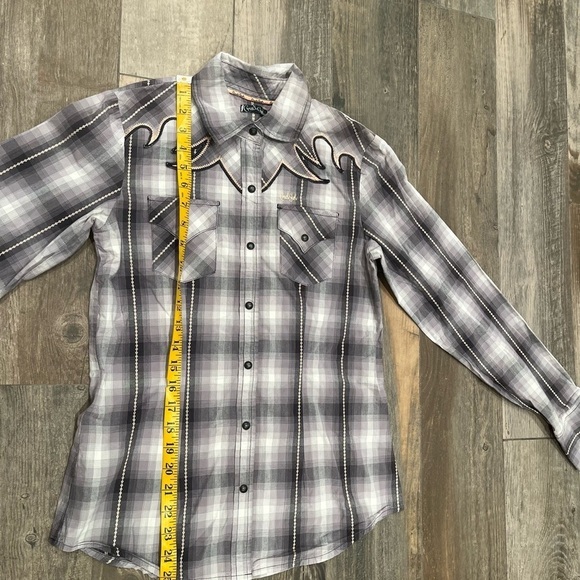 Cruel Girl Pearl Snap Western Plaid Shirt Sz Small Gray, Pink Embordiery Yoke - Picture 5 of 8